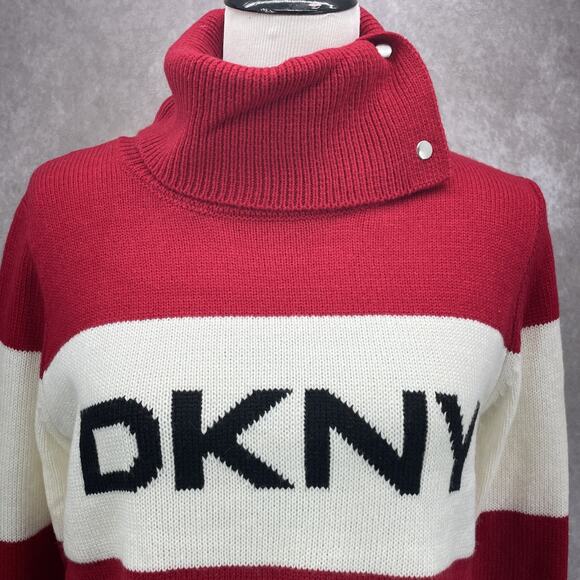 DKNY Womens SM Red White Logo Knit Turtle Neck Sweater Preppy Holiday - Picture 2 of 10